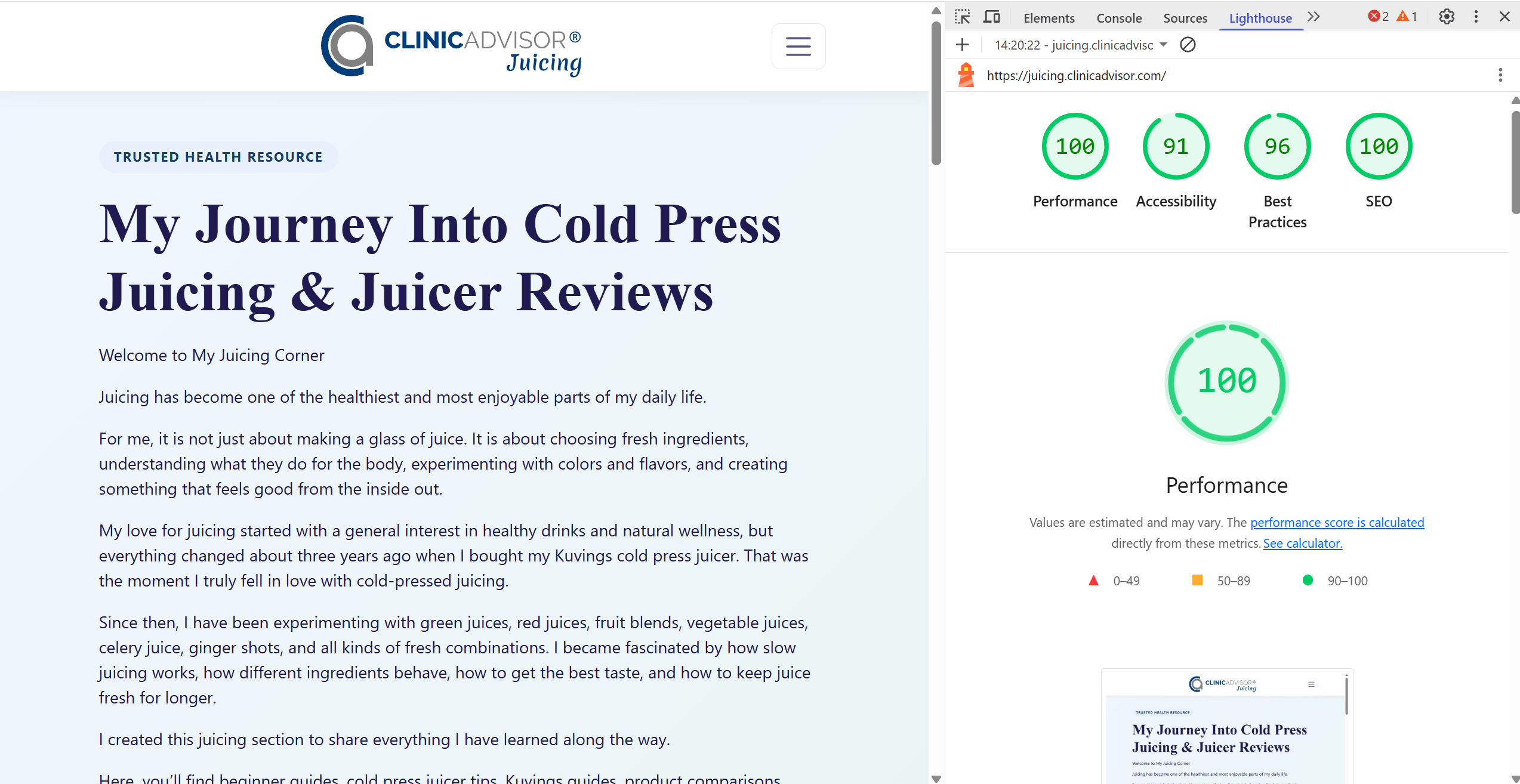 تقرير Lighthouse ClinicAdvisor Juicing