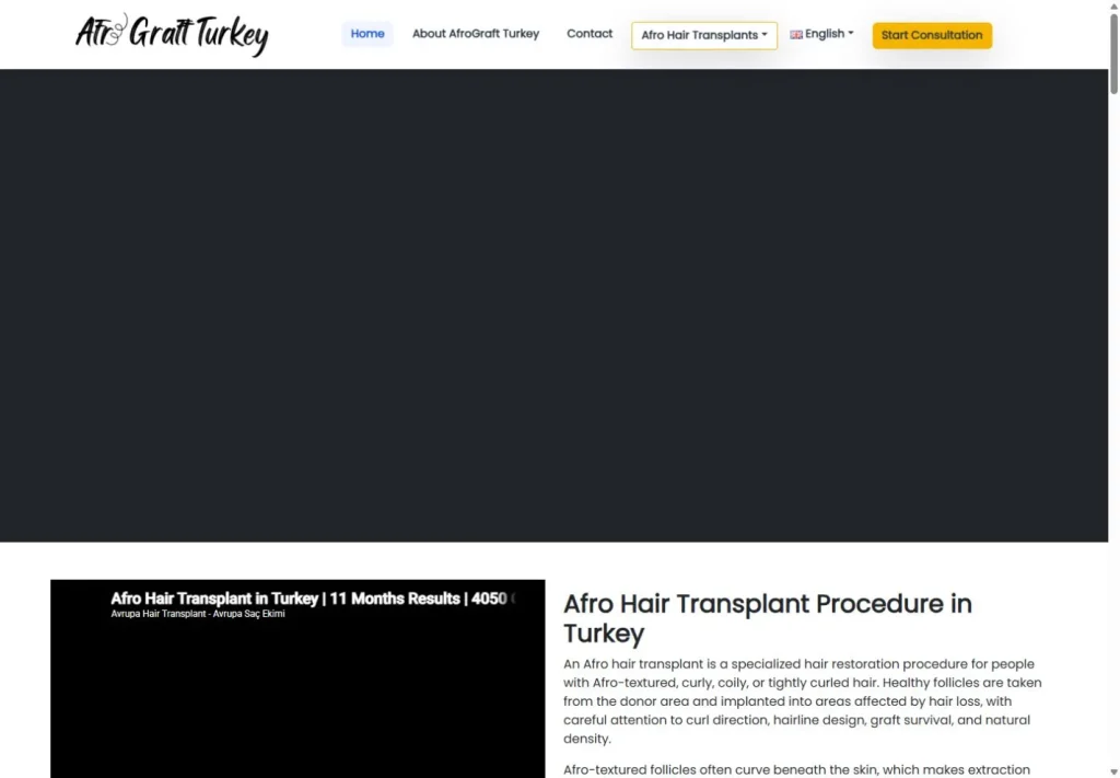 لقطة من موقع Afrograft Turkey — مشروع طبي من أعمال بيلسان