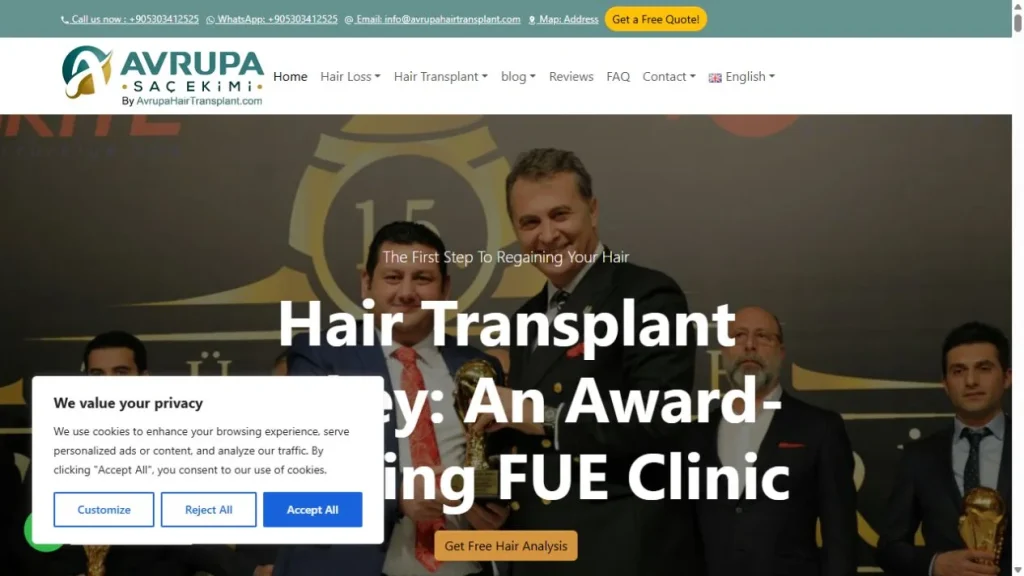 لقطة من موقع Avrupa Hair Transplant — مشروع طبي من أعمال بيلسان