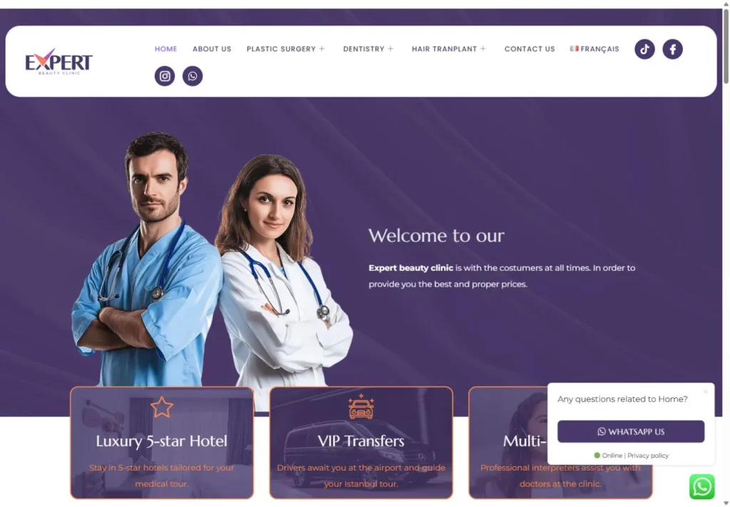لقطة من موقع Expert Beauty Clinic — مشروع طبي من أعمال بيلسان